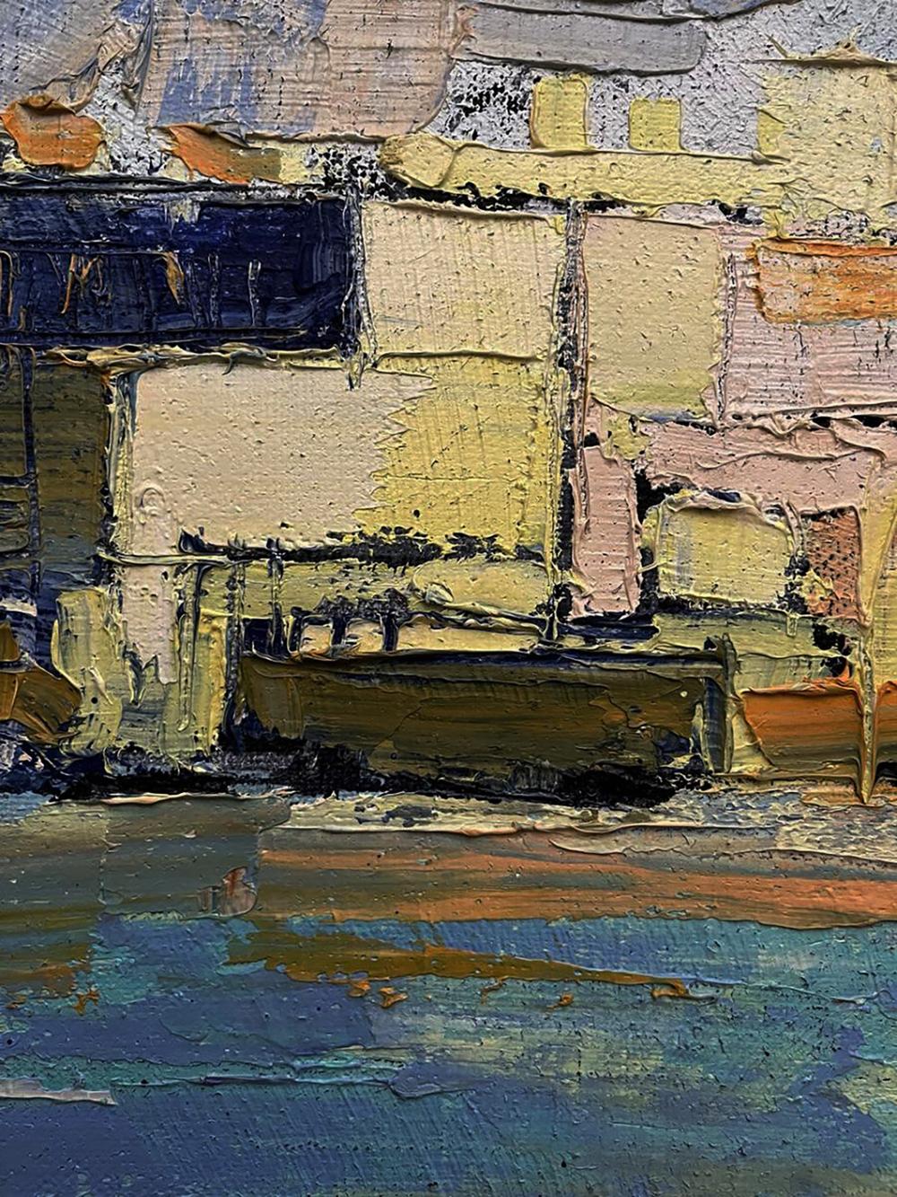 Oil painting Mysterious city by Serhiy Kovalev, abstract impasto in muted tones
