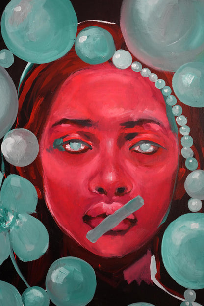 Vibrant red portrait oil painting Enforced Silence by Victoria Kagalovska