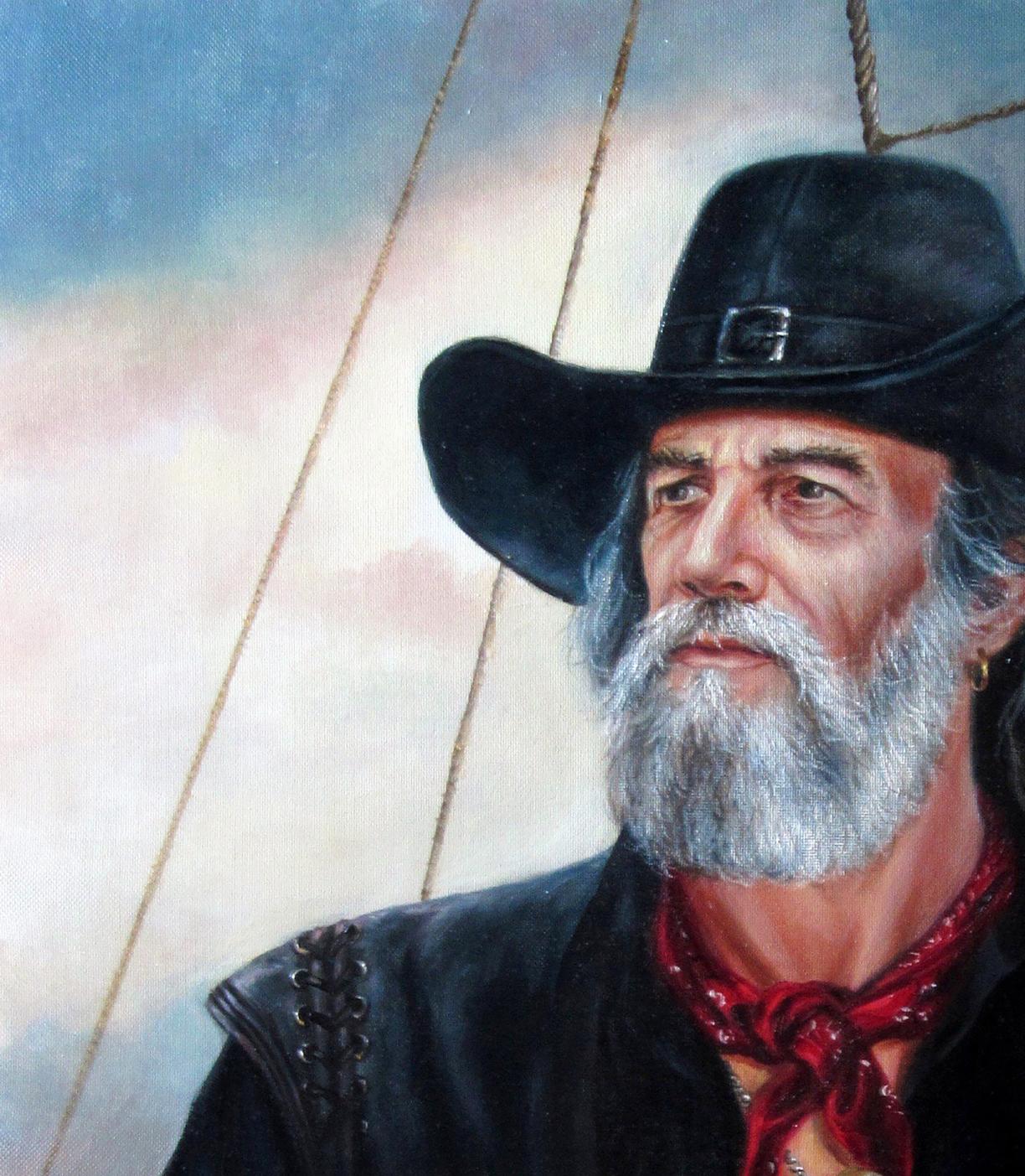 Black leather cowboy hat with silver buckle in Oil painting Sea Wolf Valeriy Bulat