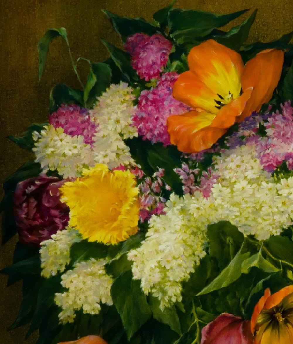 Vibrant oil painting of spring bouquet by Vasily Korkishko with orange tulips