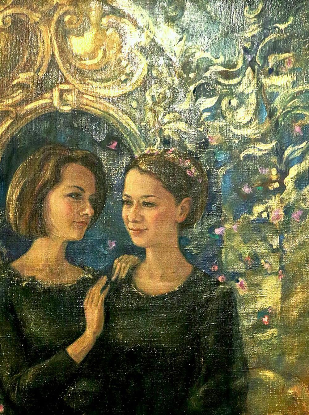 Oil painting Girls in the Greenhouse by Oksana Osnach