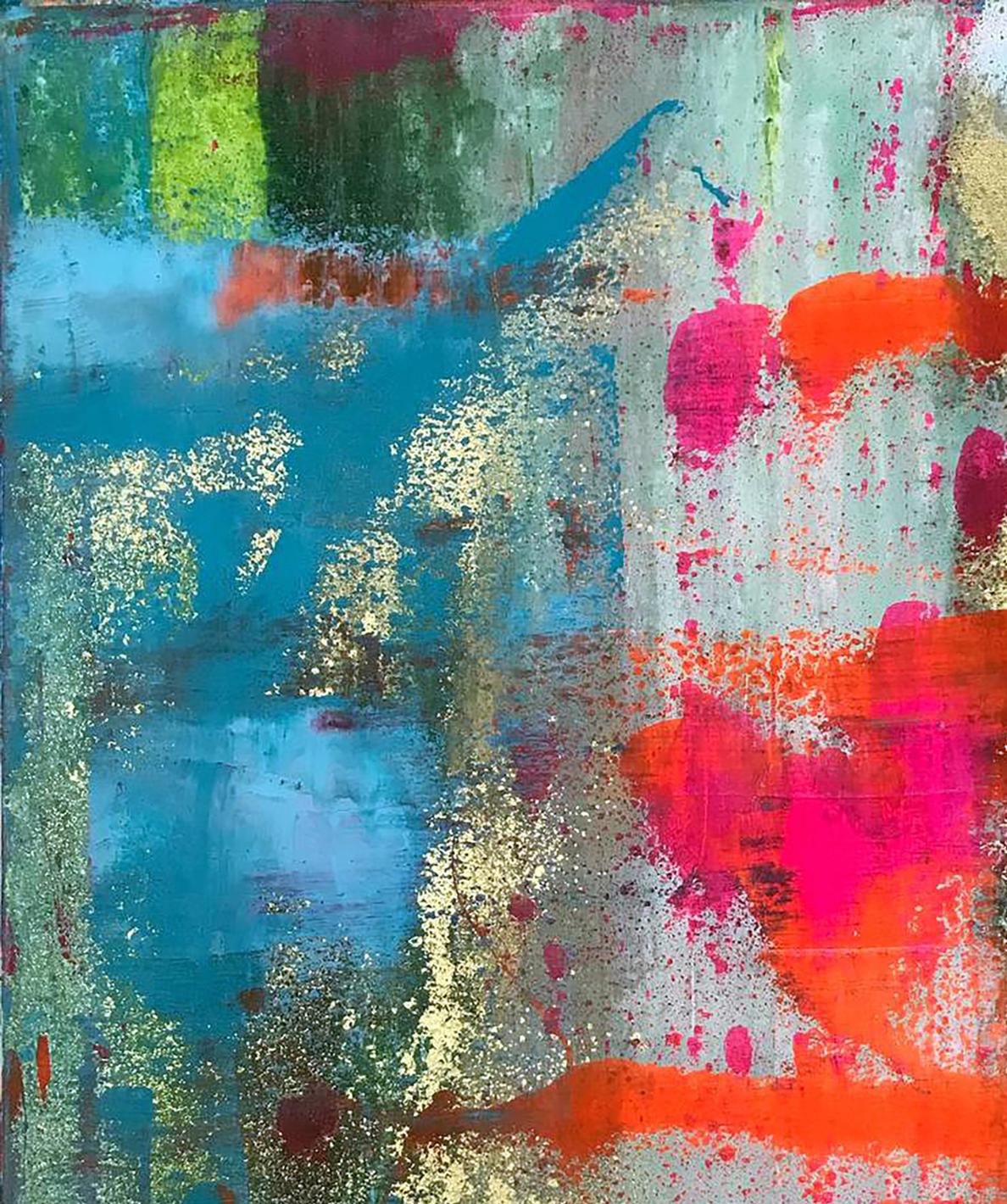 Holiday vibrant abstract canvas painting with blue pink orange green splashes and gold leaf accents