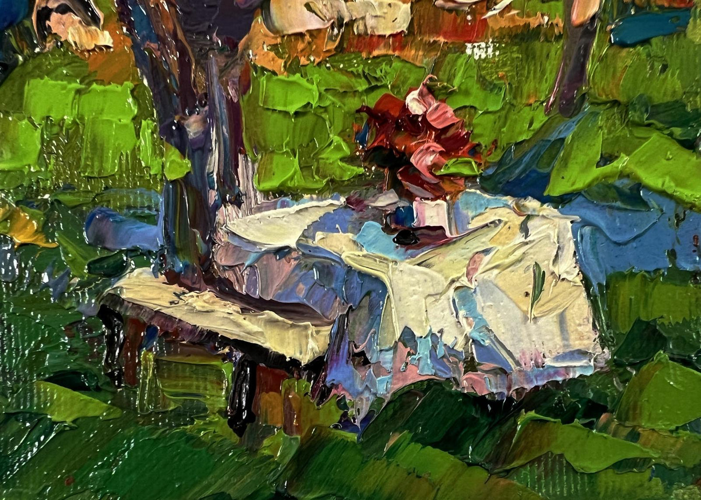 Oil painting Morning coolness by Oksana Ivanyuk: garden bench in lush foliage