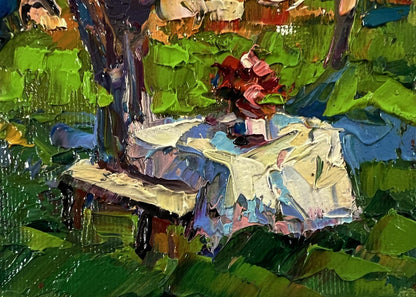 Oil painting Morning coolness by Oksana Ivanyuk: garden bench in lush foliage
