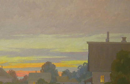 Oil painting August evening by Valery Savenets: pastel sunset over rooftops