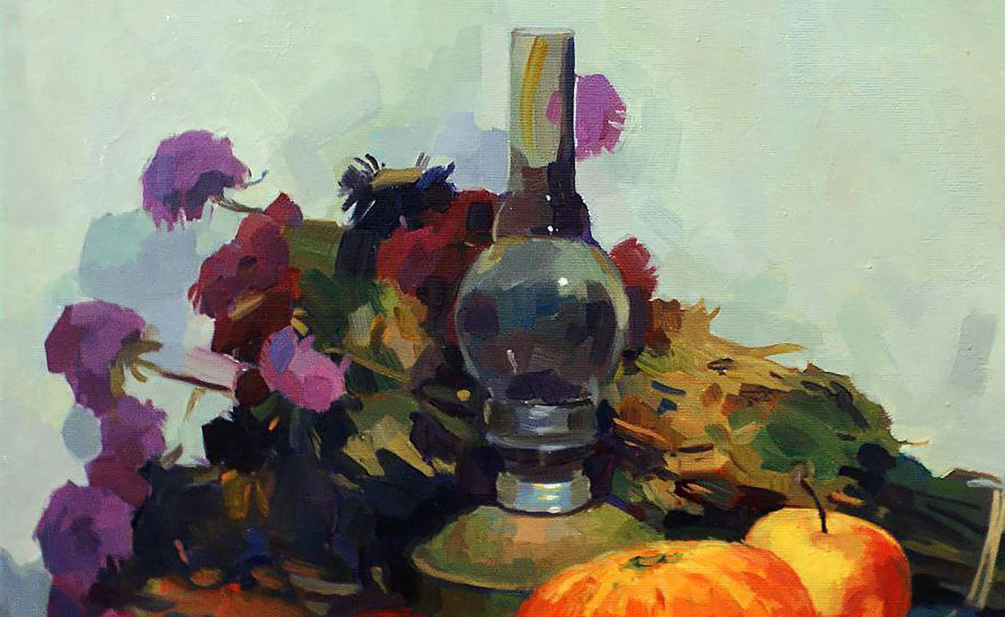 Oil painting Autumn still life by Anastasia Yaroshevich: glass oil lamp amid purple flowers