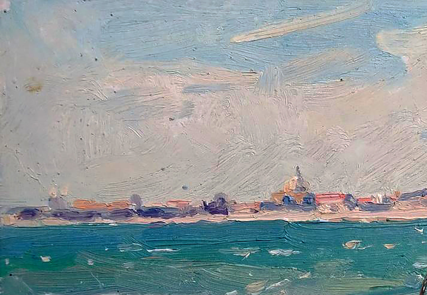 Oil painting Sea shores by Yury Konovalov: textured impressionist coastal town