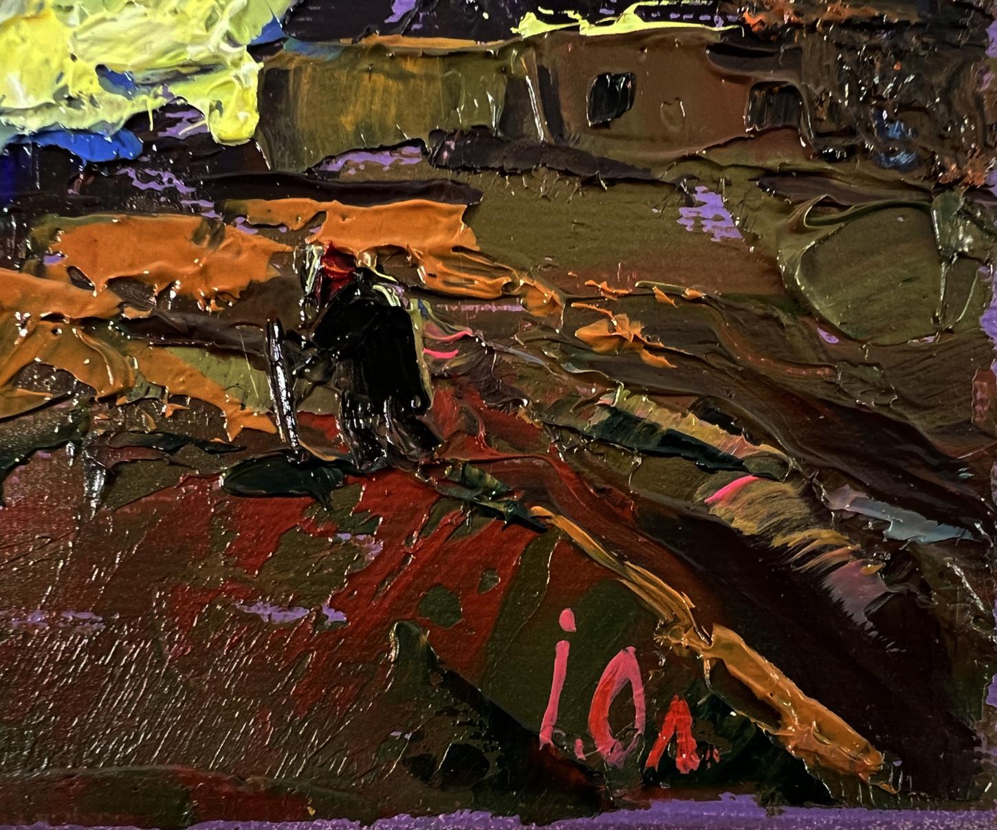 Oil painting of colorful village sky by Oleksiy Ivanyuk, textured impasto with pink signature