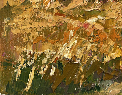 Oil painting of village wheat fields by Oksana Ivanyuk in warm impasto tones