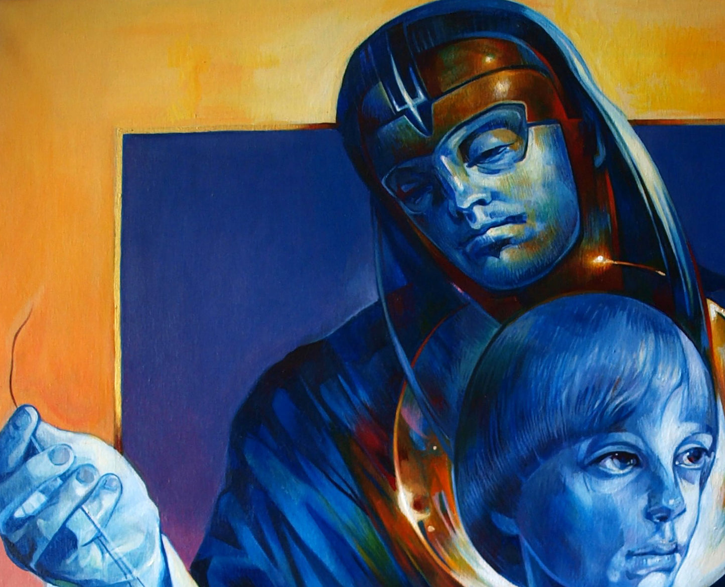 Oil painting Enjoying Father Konsta G. Amelinn in blue orange futuristic helmet