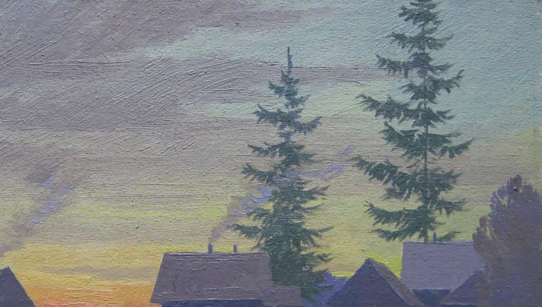 Oil painting Spring evening in village by Valery Savenets with tall pine trees