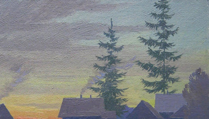 Oil painting Spring evening in village by Valery Savenets with tall pine trees
