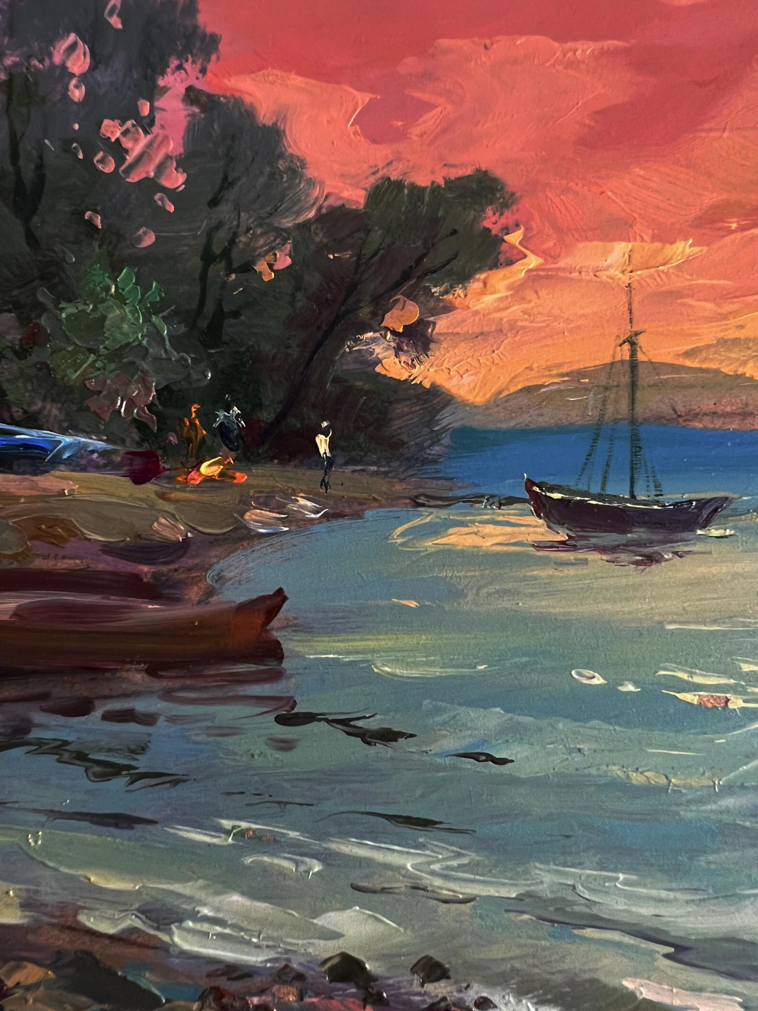 Vibrant oil painting Boats at sunset by Yuriy Suprunchuk impressionist coastal scene