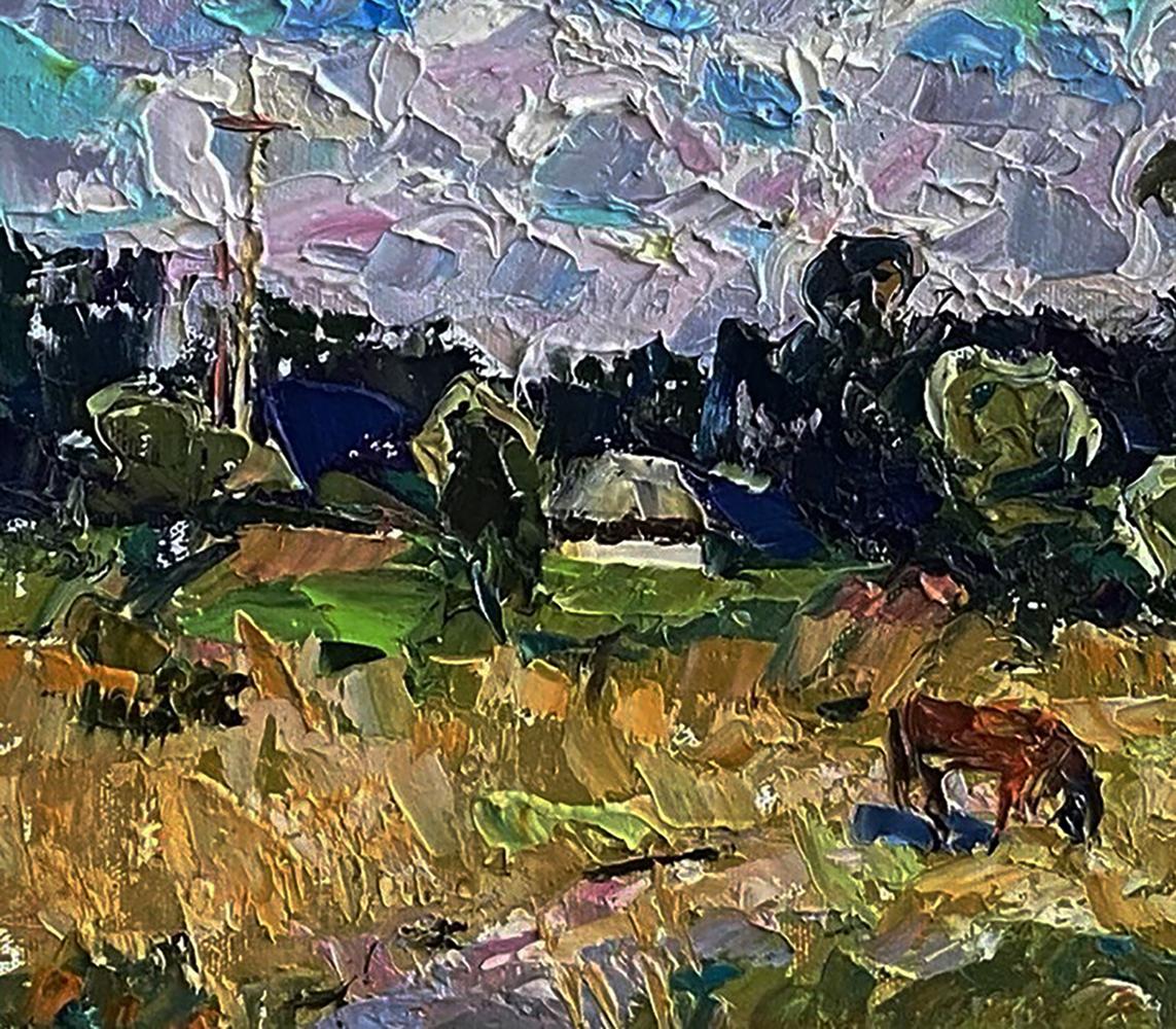 Textured impressionist oil painting by Oleksiy Ivanyuk of horse grazing in field