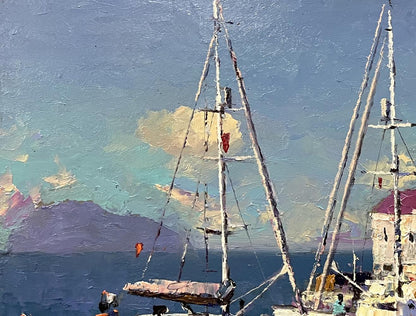Oil painting Ships at the Shore by Serhiy Rybak with tall white sails
