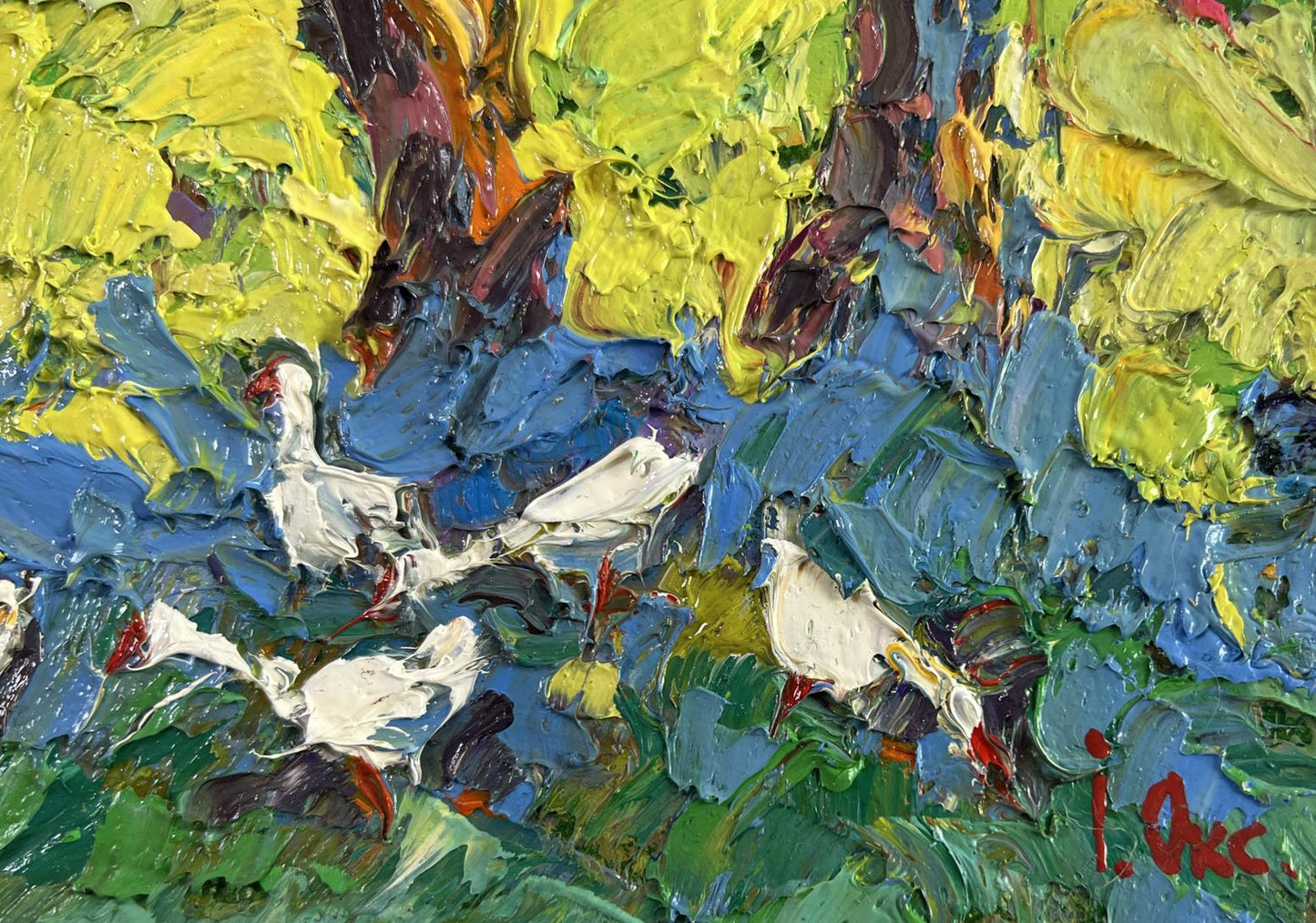 Vibrant impressionist oil painting of white ducks by Oksana Ivanyuk