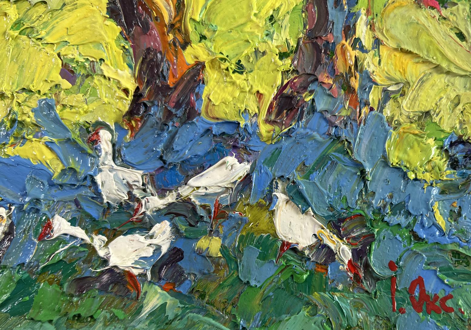 Vibrant impressionist oil painting of white ducks by Oksana Ivanyuk