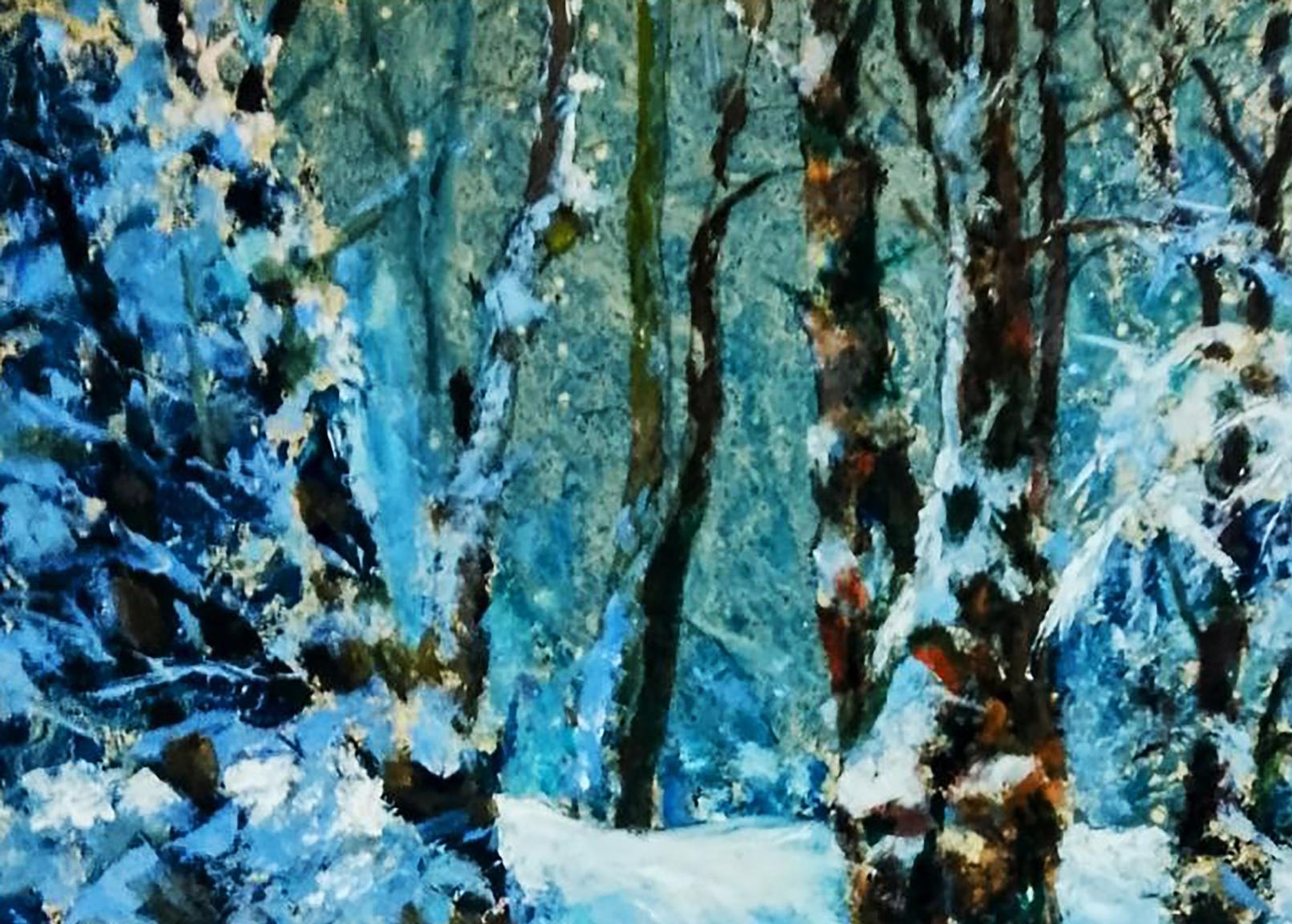 Oil painting The forest was covered with snow by Vitaly Duhnevich textured snowy forest scene