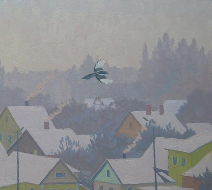 Black-and-white magpie flying over Valery Savenets snowy village oil painting