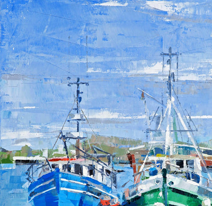 Oil painting Andalusia by Volodymyr Gluhomanyuk: blue green boats under impressionistic sky