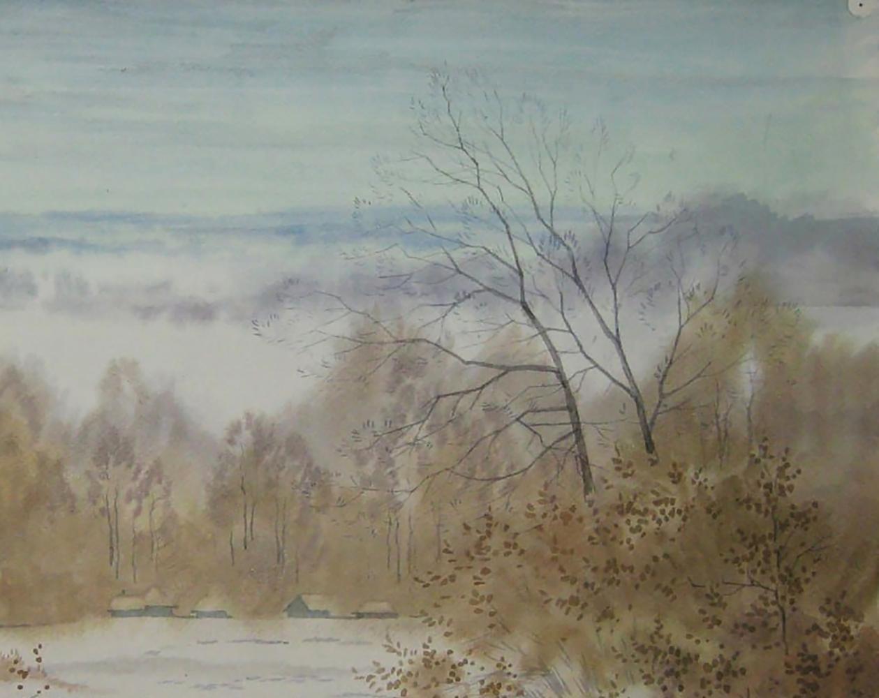 Watercolor painting First snow by Valery Savenets with bare trees