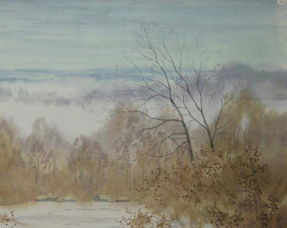 Watercolor painting First snow by Valery Savenets with bare trees