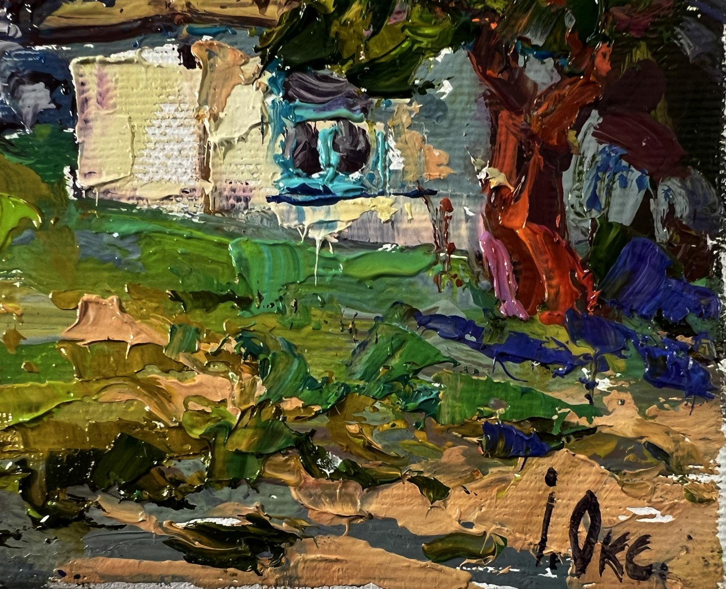 Oil painting Quiet village courtyard by Oksana Ivanyuk with rustic house in lush greenery