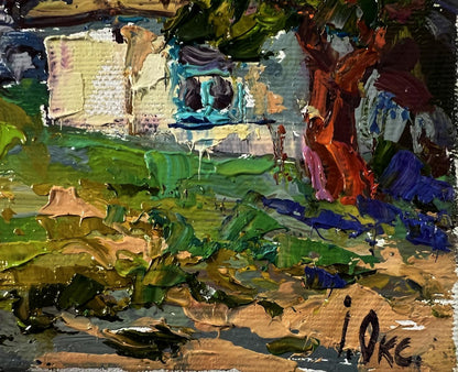 Oil painting Quiet village courtyard by Oksana Ivanyuk with rustic house in lush greenery