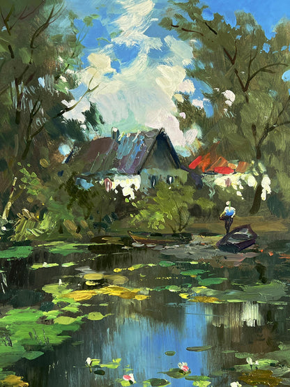 Oil painting by Yuriy Suprunchuk: rustic cottage by village lake amid trees