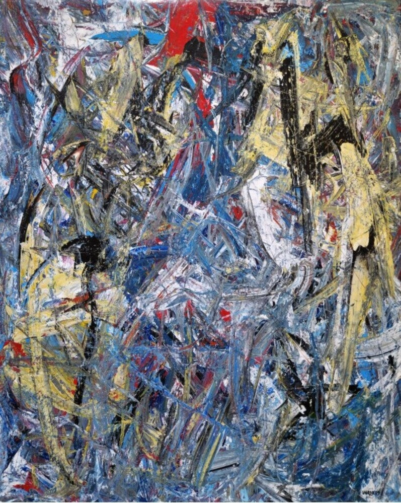 Abstract expressionist painting featuring bold, energetic brushstrokes in vibrant blues, yellows, reds, and black against a textured canvas.