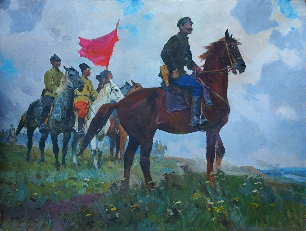 Viktor Poltavets oil painting of Ukrainian soldier on brown horse in field