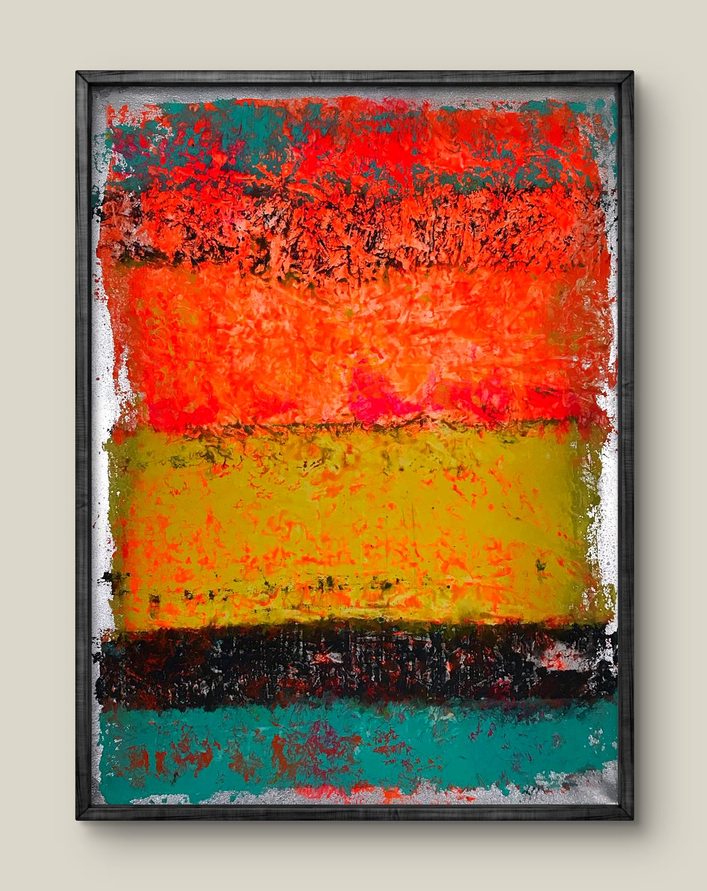 Vibrant abstract acrylic painting by Olga Melezhik in black frame