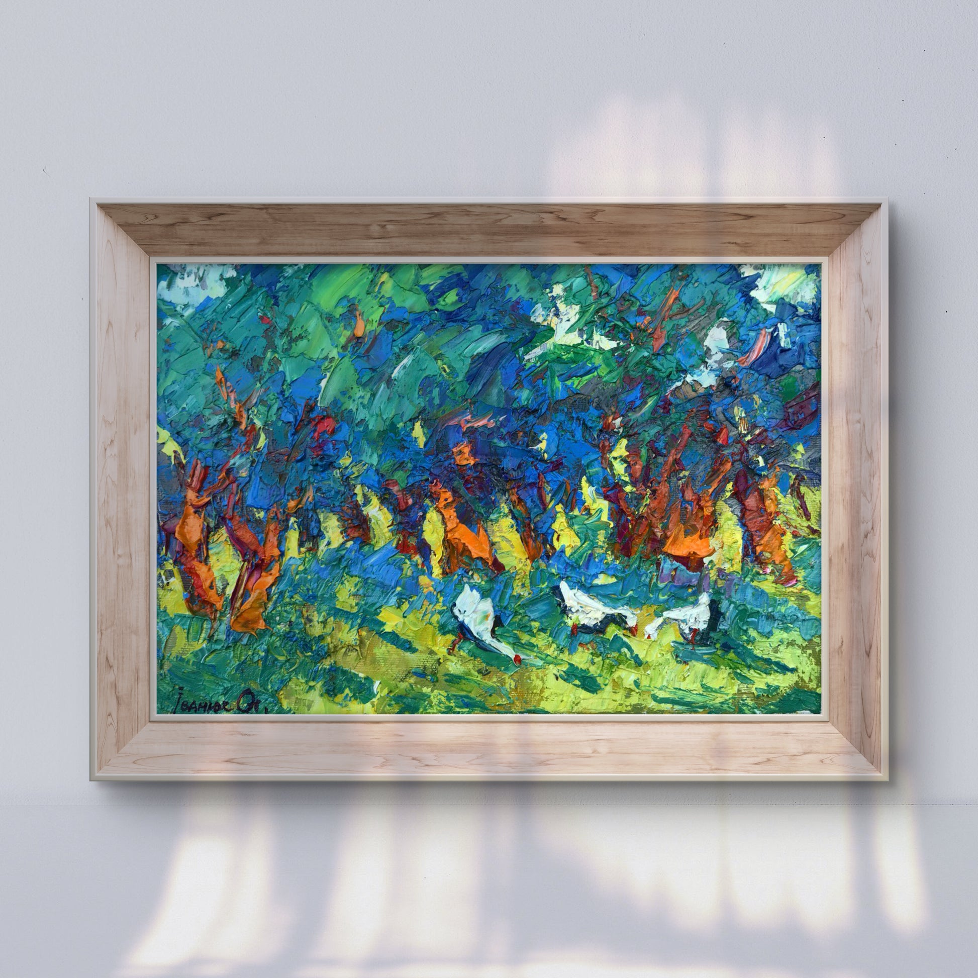 Oil painting Geese in shade of willow by Alex Ivanyuk in light wood frame