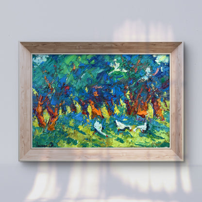 Oil painting Geese in shade of willow by Alex Ivanyuk in light wood frame