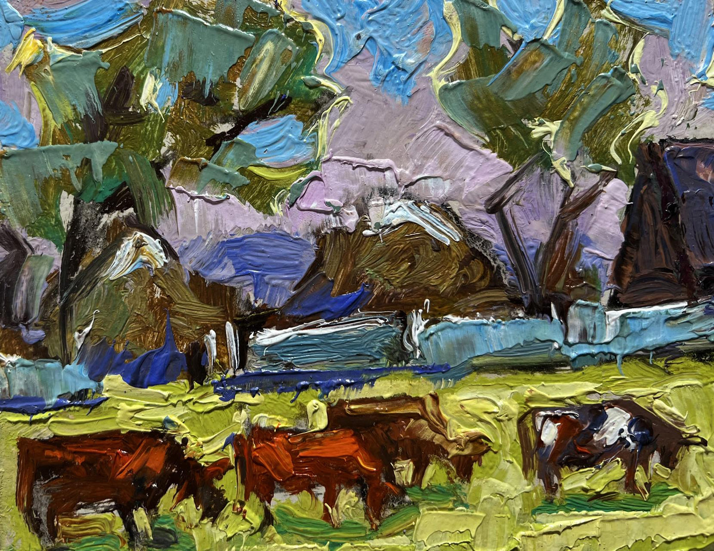 Vibrant Oleksiy Ivanyuk oil painting of cows grazing on green field
