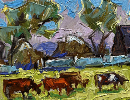 Vibrant Oleksiy Ivanyuk oil painting of cows grazing on green field