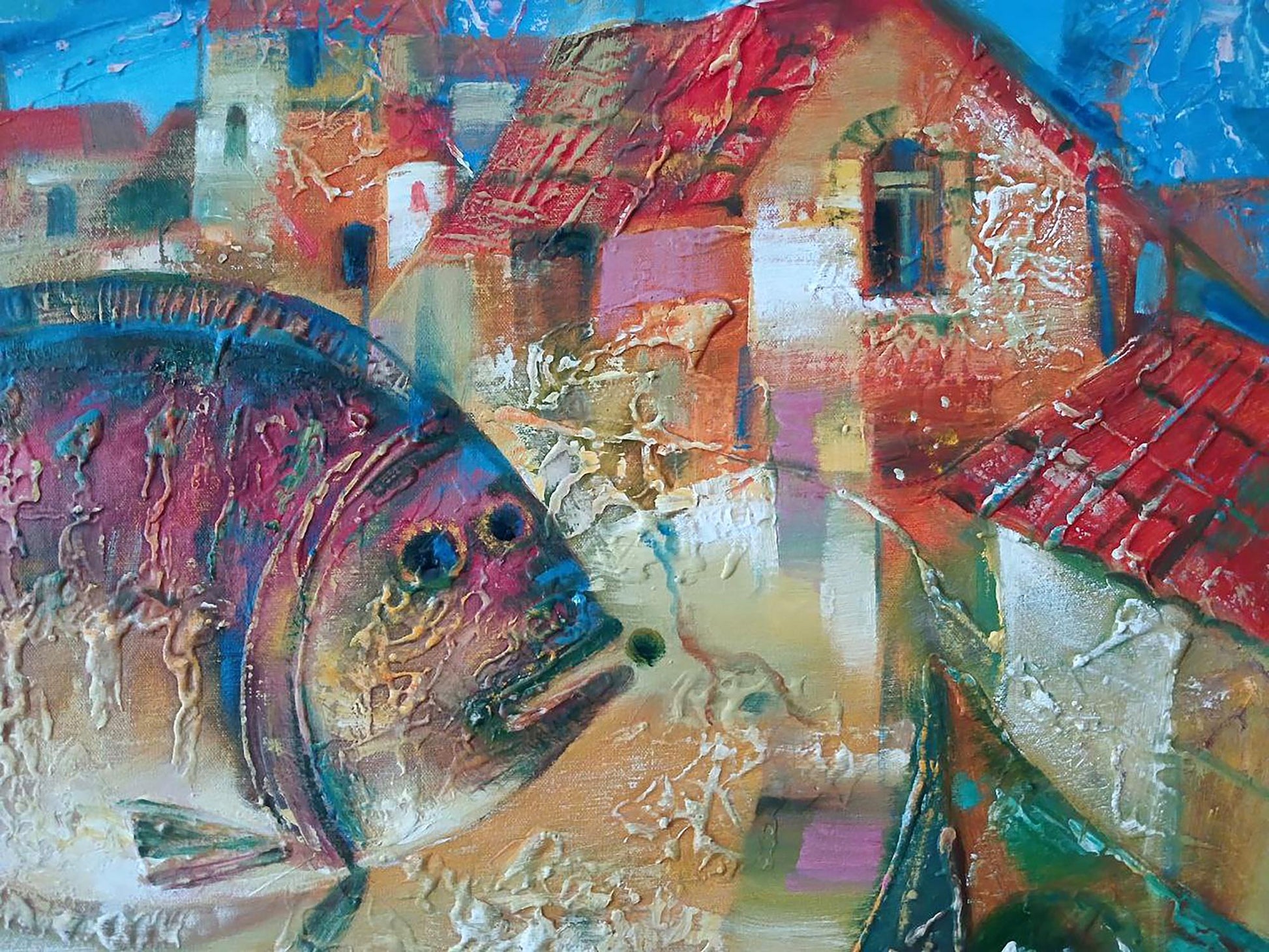 Abstract oil painting Big fish by Anatoly Tarabanov, iridescent blue purple scales