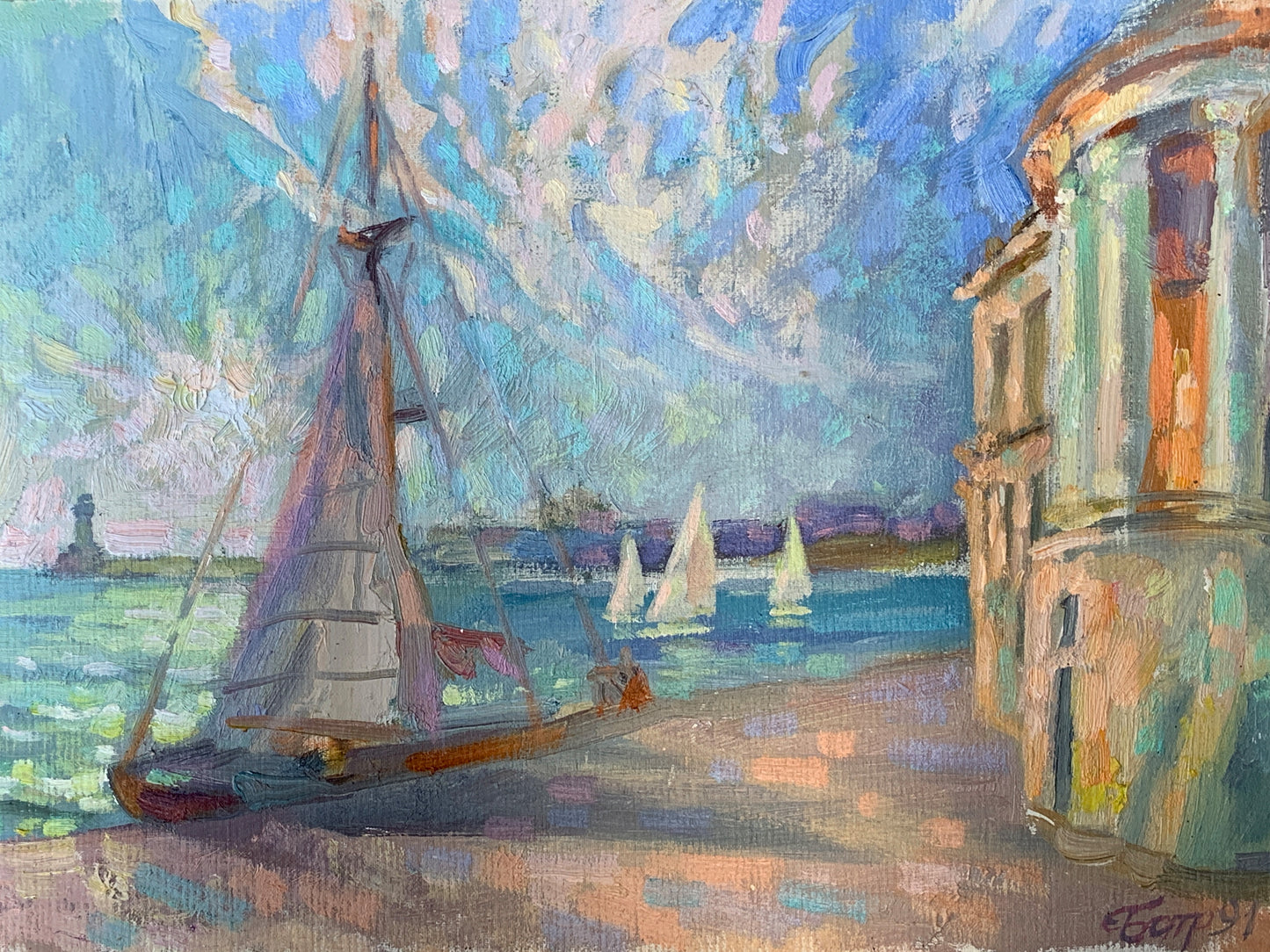 Vladimir Batrakov painted sailboat with gray sails on stone quay