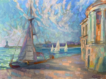 Vladimir Batrakov painted sailboat with gray sails on stone quay