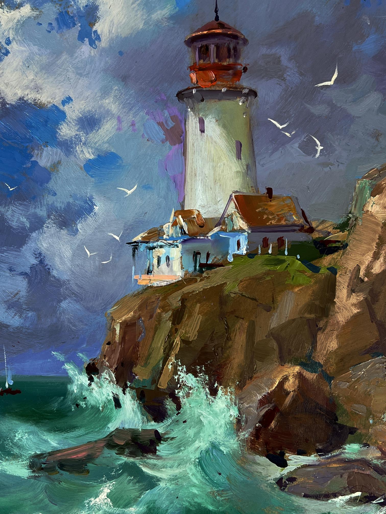 Oil painting of white lighthouse with orange lantern on rocky cliff by Yuriy Suprunchuk