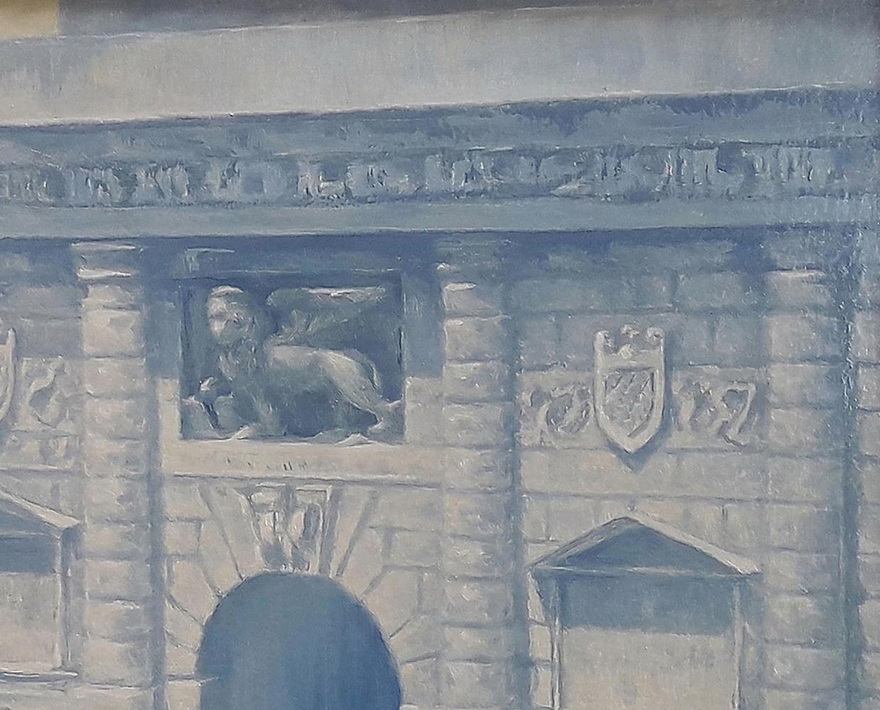 Oil painting of stone lion sculpture with mane and wings on historic archway by Vasily Korkishko