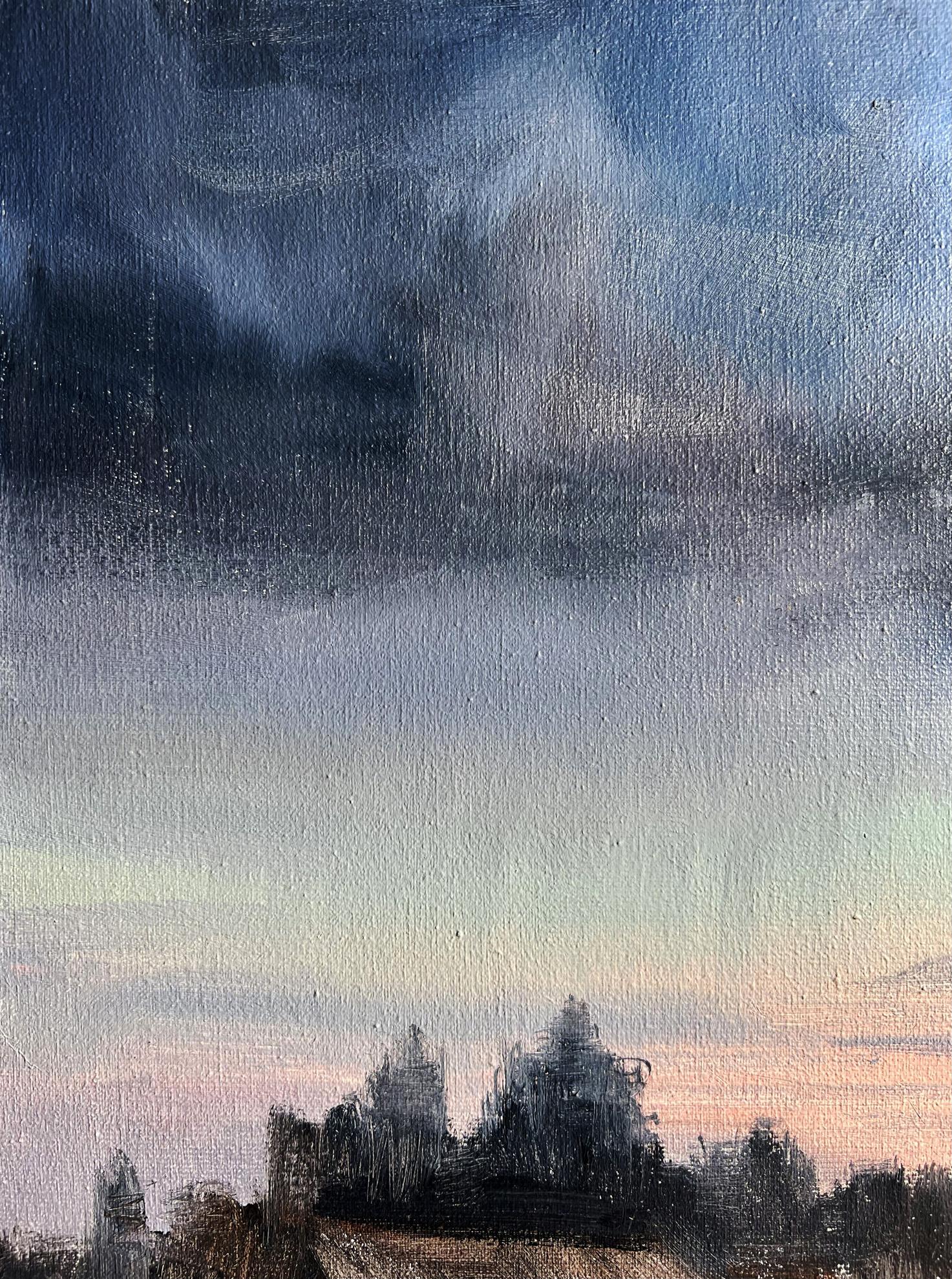 Oil painting of Northern Lights over village by Tatyana Derdey, moody dusk sky