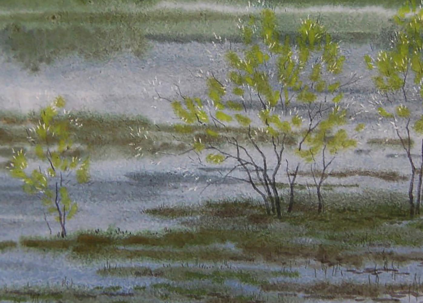 Watercolor painting of slender trees in misty flooded field by Valery Savenets