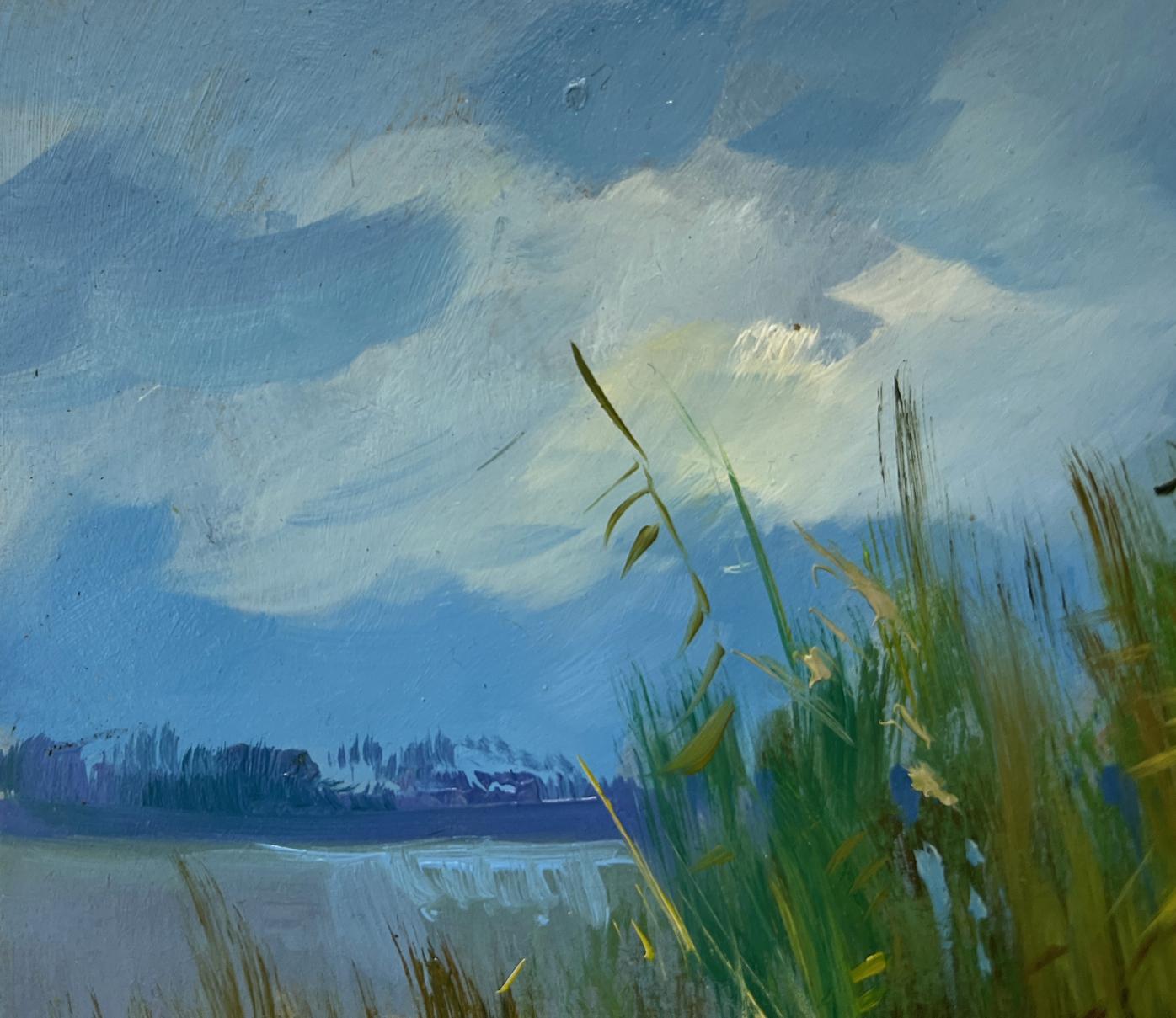 Oil painting of boat near reeds in tall green grasses by Yuriy Suprunchuk