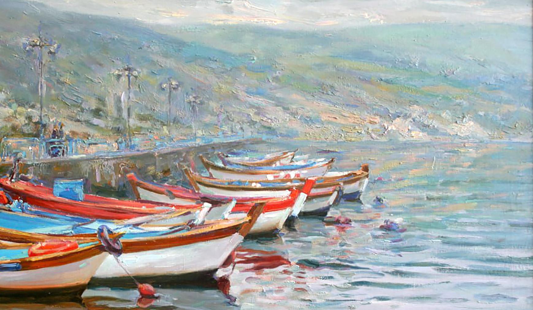 Oil painting by Leonid Pavlenko: colorful boats docked on calm pier