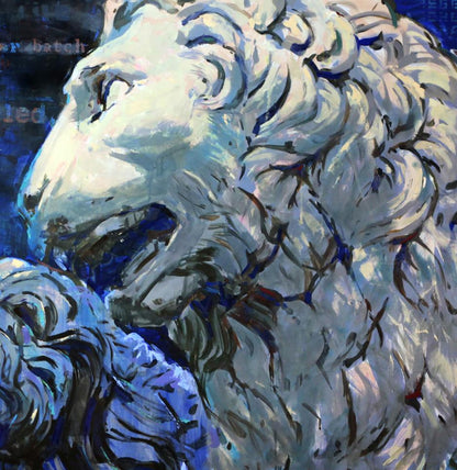 Textured white and blue lion head sculpture with detailed mane by Guards Ed Potapenkov
