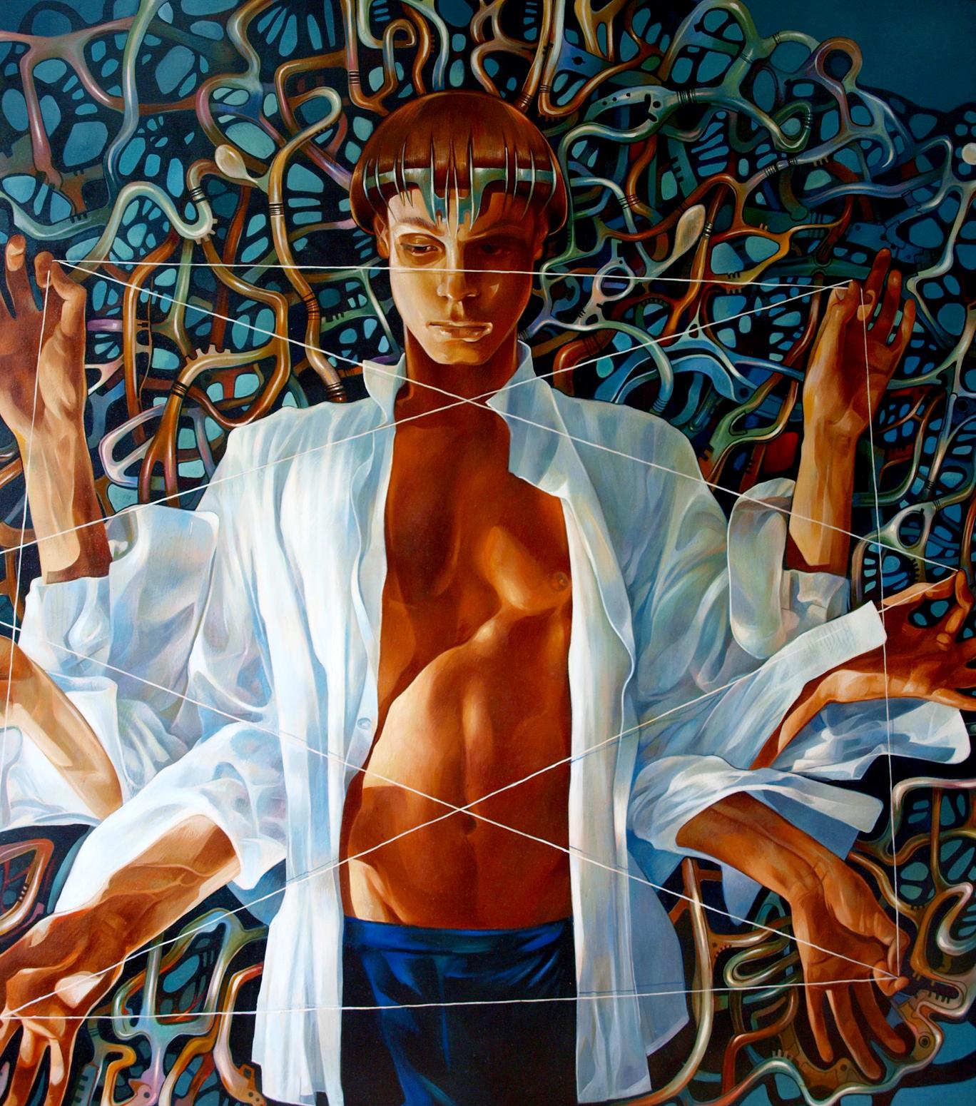Surreal oil painting Banyan by Konsta G. Amelinn: multi-armed man in white shirt, blue pants