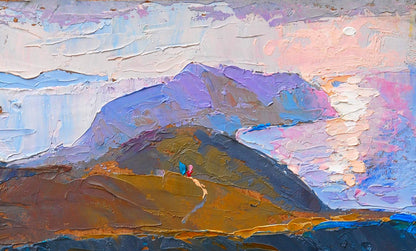 Oil painting Mountain sketch by Egor Shvachunov: purple blue mountains