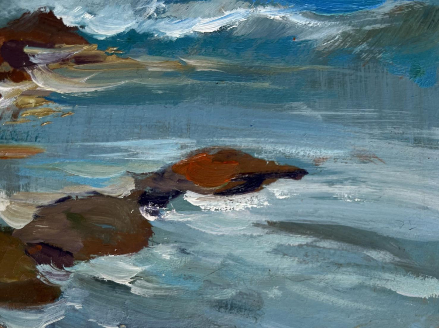 Oil painting by Yuriy Suprunchuk of waves hitting rugged rocks