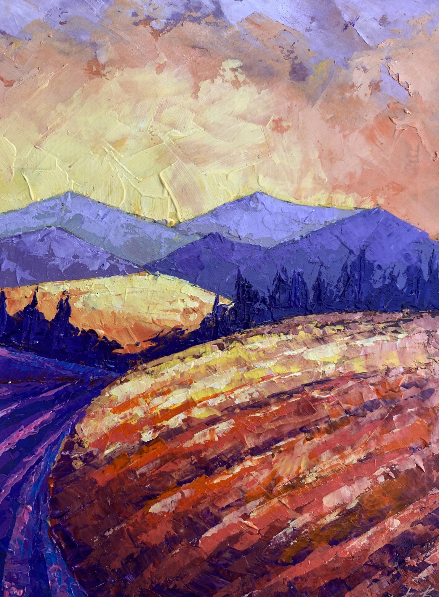 Vibrant impressionist oil painting by V. Zadorozhnya: Mountain Sunset with golden fields
